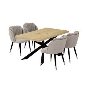 Milano Duke LUX Dining Set, a Oak Dining Table with 4 Grey/Silver Dining Chairs