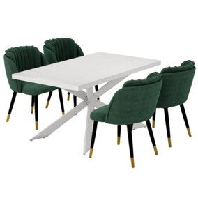 Milano Duke LUX Dining Set, a White Dining Table with 4 Green/Gold Dining Chairs