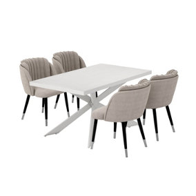 Milano Duke LUX Dining Set, a White Dining Table with 4 Grey/Silver Dining Chairs