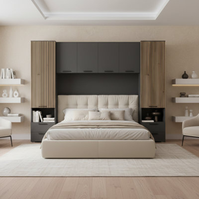 Milano Grey and Slatted Rustic Oak Effect Overbed Storage Unit with ...
