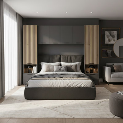 Milano Grey and Slatted Rustic Oak Effect Overbed Storage Unit with ...