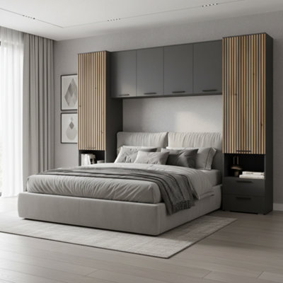 Milano Grey and Slatted Rustic Oak Effect Overbed Storage Unit with ...