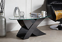 Milano Modern Clear Glass Oval Coffee Table with Sturdy Black High Gloss X Shaped Base for Industrial or Minimalist Living Room