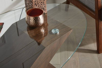 Milano Modern Clear Glass Oval Coffee Table with Sturdy Dark Brown Wood ...