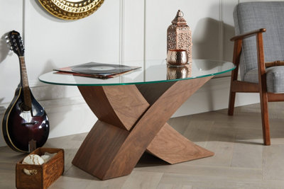 Milano Modern Clear Glass Oval Coffee Table with Sturdy Dark Brown Wood ...