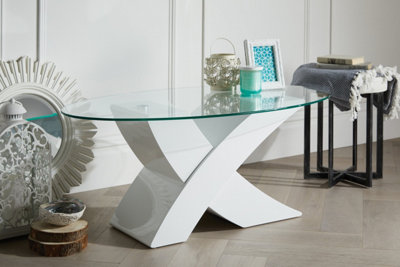 Milano Modern Clear Glass Oval Coffee Table with Sturdy White High ...