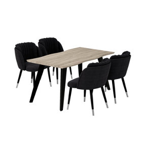Milano Roco Duke LUX Dining Set, a Light Walunt Dining Table with 4 Black/Silver Dining Chairs