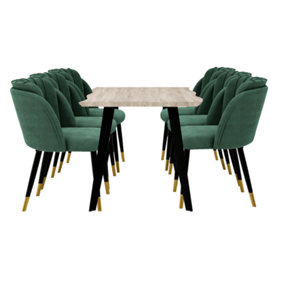 Milano Roco Duke LUX Dining Set, a Light Walunt Dining Table with 6 Green/Gold Dining Chairs
