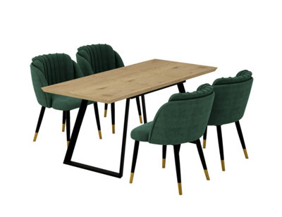 Milano Toga Extendable Dining Set, a Brown Dining Table with 4 Green/Gold Dining Chairs