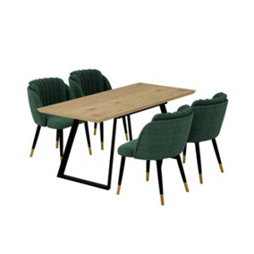 Milano Toga Extendable Dining Set, a Brown Dining Table with 4 Green/Gold Dining Chairs