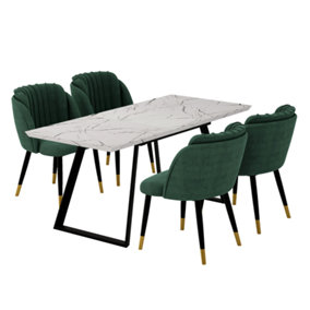 Milano Toga Extendable Dining Set, a White Dining Table with 4 Green/Gold Dining Chairs