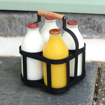 Milk Bottle Holder Powder Coated Steel Wire Metal Doorstep Crate Carrier Traditional Holds 4 Milk Bottles