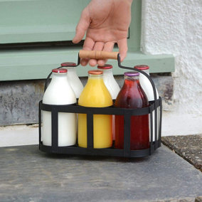 Milk Bottle Holder Powder Coated Steel Wire Metal Doorstep Crate Carrier Traditional Holds 6 Milk Bottles