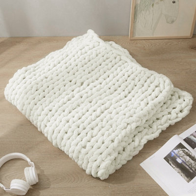Milk White Soft Handwoven Knitted Chenille Blanket for Couch and Bed 60cm L x 60cm W