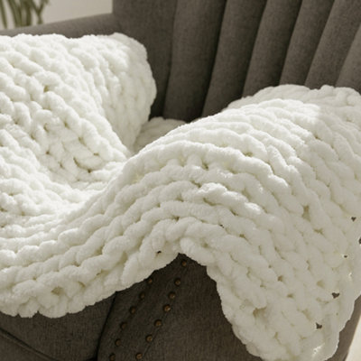 Milk White Soft Handwoven Knitted Chenille Blanket for Couch and Bed 60cm L x 60cm W