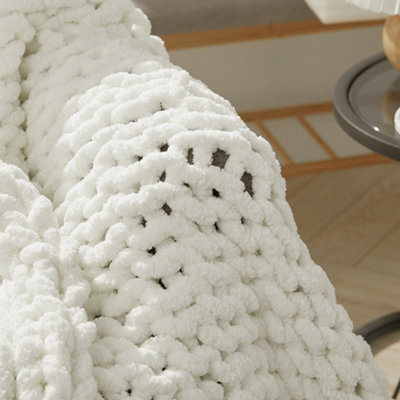 Milk White Soft Handwoven Knitted Chenille Blanket for Couch and Bed 60cm L x 60cm W