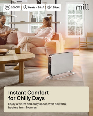 Mill Convection Heater Instant Portable Electric Radiator 2000W - White - Energy Efficient, Free Standing, LED Display