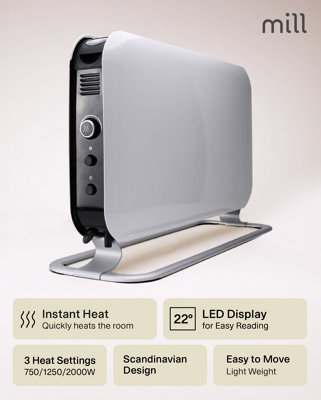 Mill Convection Heater Instant Portable Electric Radiator 2000W - White - Energy Efficient, Free Standing, LED Display