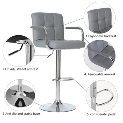 Millhouse Pair of Bar Stools Set with Arms, Backrest, Breakfast Bar, Kitchen and Home Barstools DM717 Grey