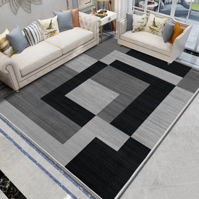 Milo Black Grey Printed Rug Modern Living Room Lobby Area Carpet Indoor ...
