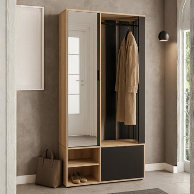 MILO J Modern Entryway Cabinet with Mirror Shelves and Clothes Rail Oak ...