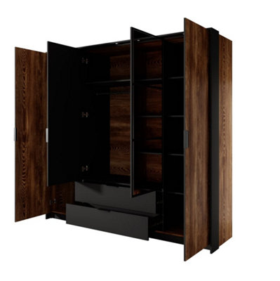 Milton Contemporary 4 Mirrored Hinged Door Wardrobe 9 Shelves 2 Drawers 1 Rail Chestnut Wood Effect (H)2020mm (W)2000mm (D)570mm