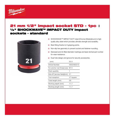 Milwaukee - 1/2"  SHOCKWAVE™ IMPACT DUTY Impact Socket - Standard - 21mm