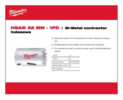 Milwaukee - Bi-Metal Contractor Holesaw - 32mm - 1 Piece