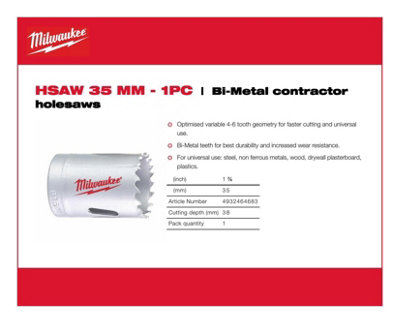 Milwaukee - Bi-Metal Contractor Holesaw - 35mm - 1 Piece