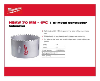 Milwaukee - Bi-Metal Contractor Holesaw - 70mm - 1 Piece