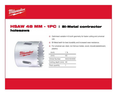Milwaukee - Bi-Metal contractor holesaws - 48mm - 1 Piece