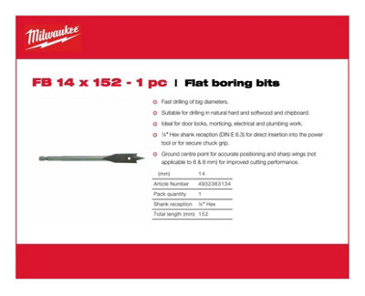 Milwaukee - Flat Boring Drill Bit 14mm x 152mm -1 Piece