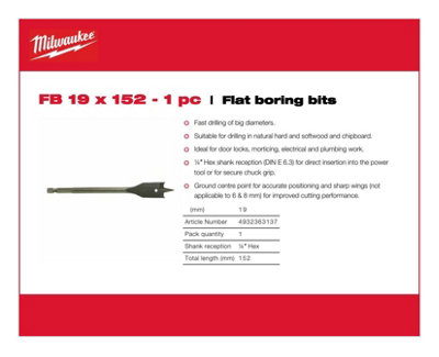 Milwaukee - Flat Boring Drill Bit 19mm x 152mm -1 Piece