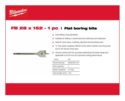 Milwaukee - Flat Boring Drill Bit 28mm x 152mm -1 Piece
