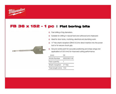 Milwaukee - Flat Boring Drill Bit 36mm x 152mm -1 Piece