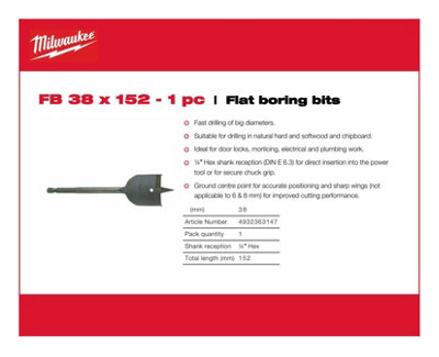 Milwaukee - Flat Boring Drill Bit 38mm x 152mm -1 Piece