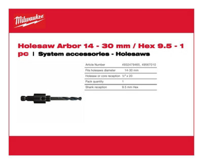 Milwaukee - Holesaw Arbor Hex 9.5/14-30mm - 1 Piece