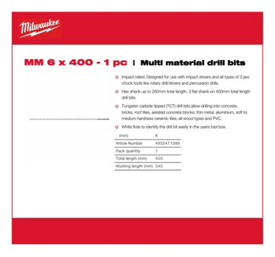 Milwaukee - Multi Material Drill Bit 6mm x 400mm  - 1 Piece