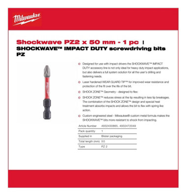 Milwaukee - SHOCKWAVE™ IMPACT DUTY Screwdriver Bit PZ2 50mm - 1 Piece