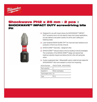 Milwaukee - SHOCKWAVE™ IMPACT DUTY Screwdriver Bits PH2 25mm - 2 Piece