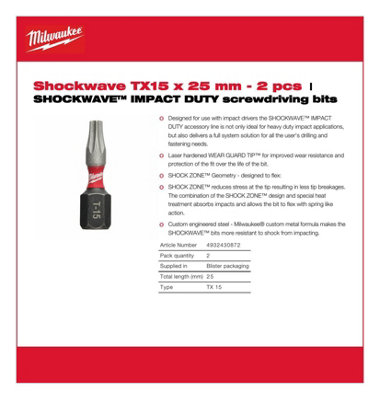 Milwaukee - SHOCKWAVE™ IMPACT DUTY Screwdriver Bits TX15 25mm - 2 Piece
