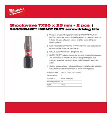 Milwaukee - SHOCKWAVE™ IMPACT DUTY Screwdriver Bits TX30 25mm - 2 Piece