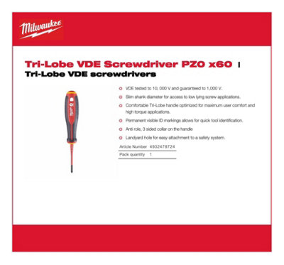 Milwaukee - Tri-Lobe VDE Screwdriver PZ0 x 60