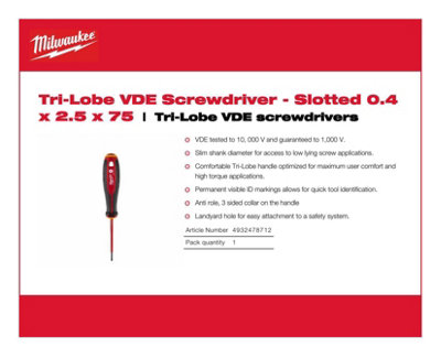 Milwaukee - Tri-Lobe VDE Screwdriver - Slotted 0.4 x 2.5 x 75