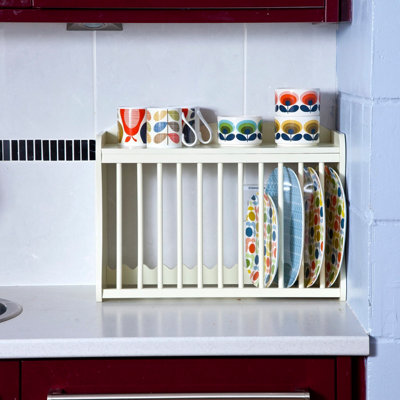 Minack Buttermilk / Cream Wooden Kitchen Plate Rack, Shelf, Hooks, Wall mounted