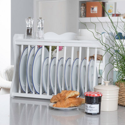 Minack White Wooden Kitchen Plate Rack Shelf Hooks Wall mounted Freestanding