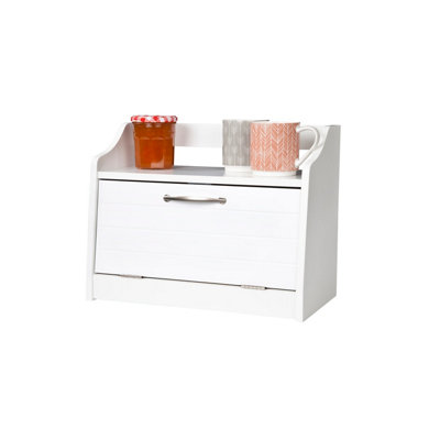 Minack Wooden Bread Bin in White - Freestanding Worktop Storage Box with Shelf