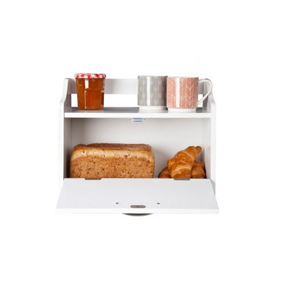 Minack Wooden Bread Bin in White - Freestanding Worktop Storage Box with Shelf