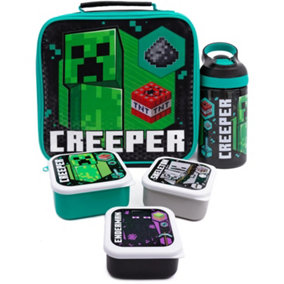 Minecraft Creeper Lunch Bag and Bottle (Pack of 5) Black/Green/White (One Size)