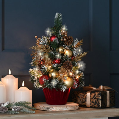 Mini 41cm Artificial Christmas Tree. Red, Gold & Green decorated snowy branches- 30 warm white LEDs. Baubles, ribbon & pinecones Price Comparisons | Compare The Build
